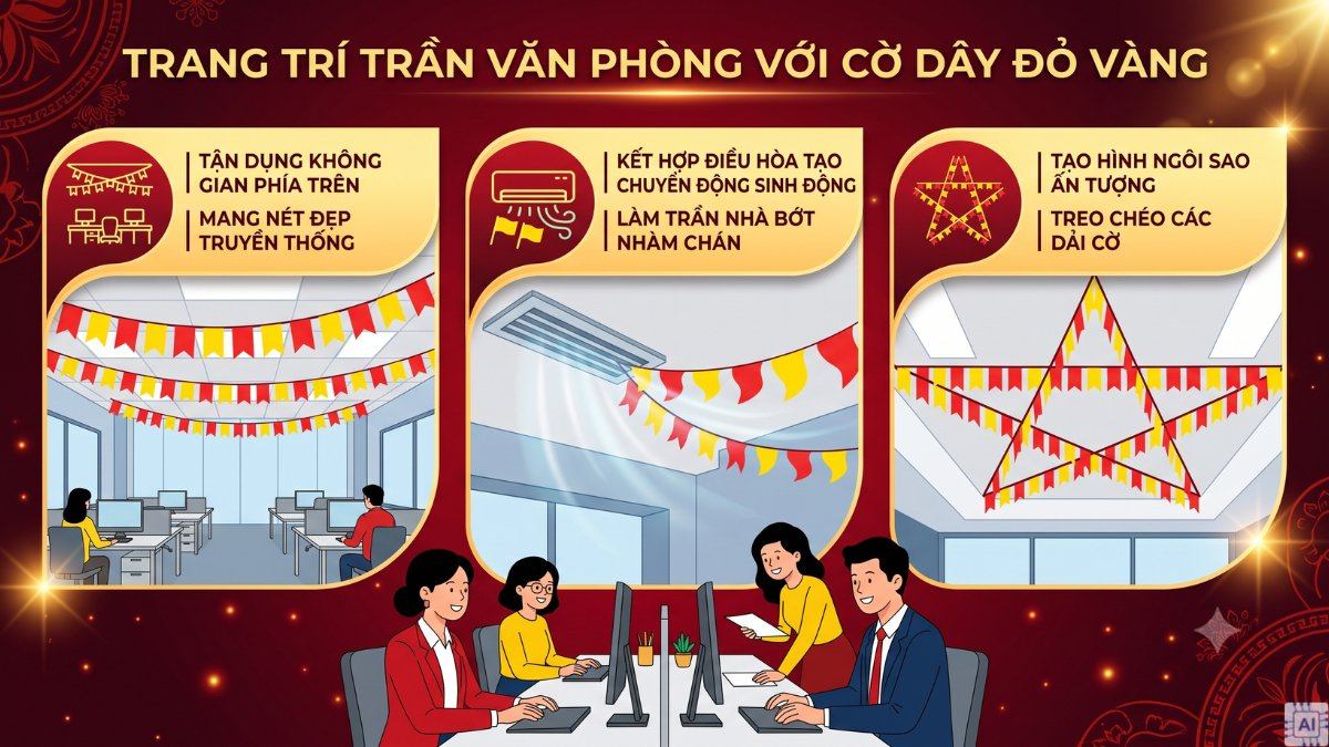 Trang trí trần văn phòng bằng cờ dây đỏ vàng