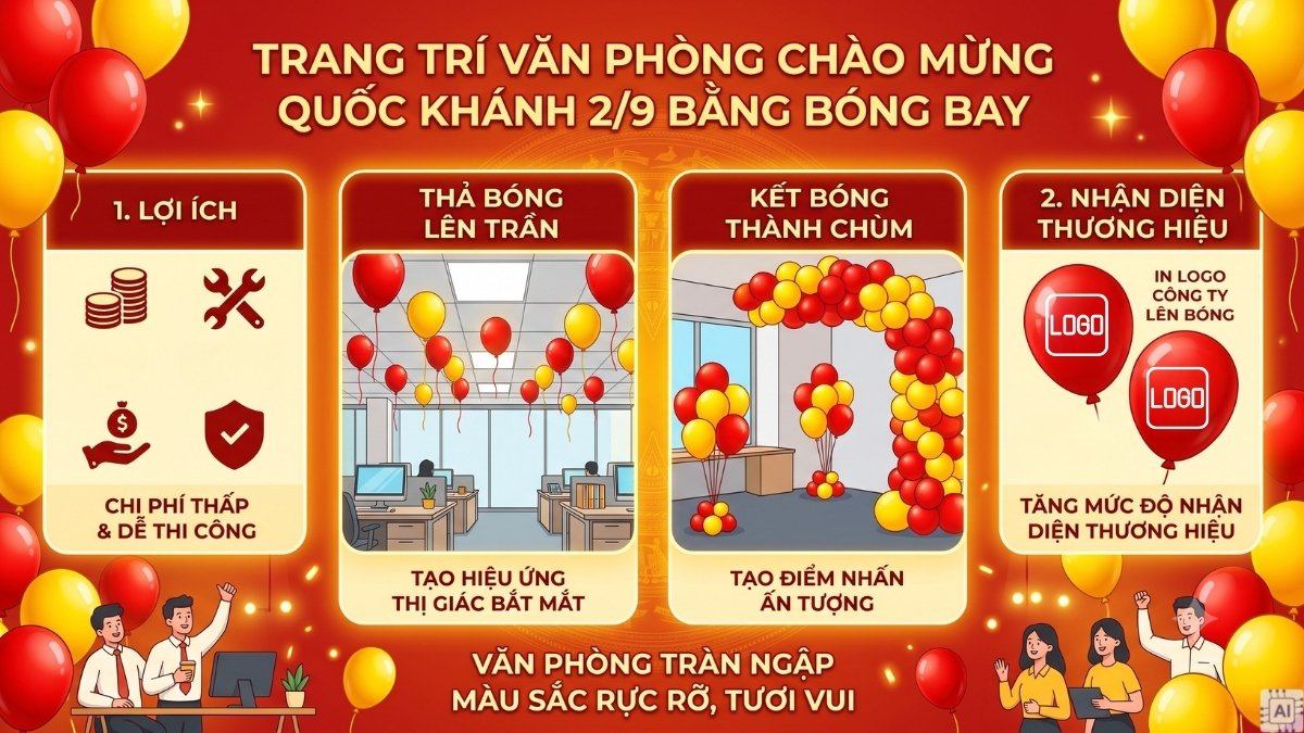 Sử dụng bóng bay đỏ vàng tạo điểm nhấn cho văn phòng