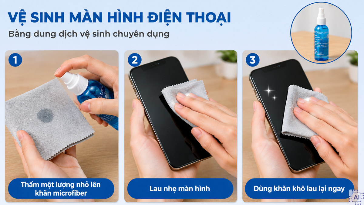 Cách vệ sinh màn hình điện thoại bằng dung dịch vệ sinh chuyên dụng