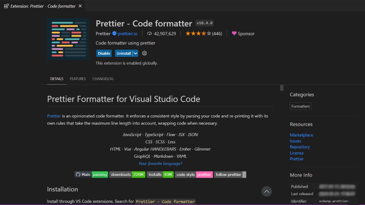 Extension Visual Code - Prettier - Code formatter