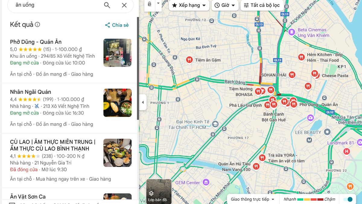 Google Maps tìm kiếm địa điểm ăn uống