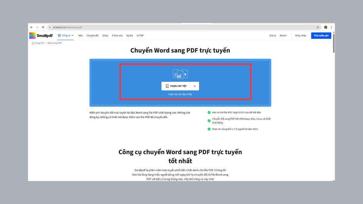 Cách chuyển file Word sang PDF bằng website SmallPDF - bước 2