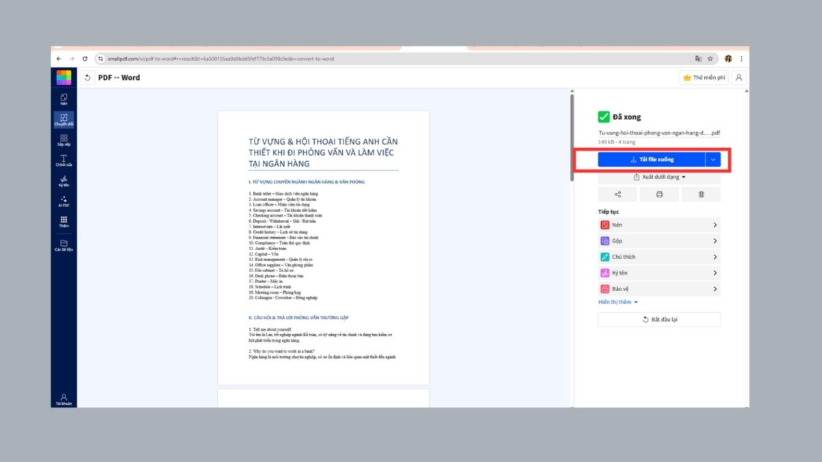 Cách chuyển file Word sang PDF bằng website SmallPDF - bước 3