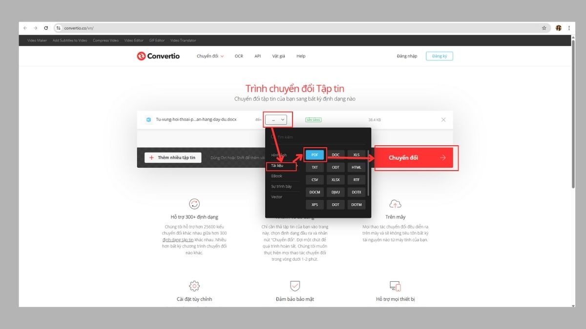 Cách chuyển file Word sang PDF bằng website Convertio - bước 2