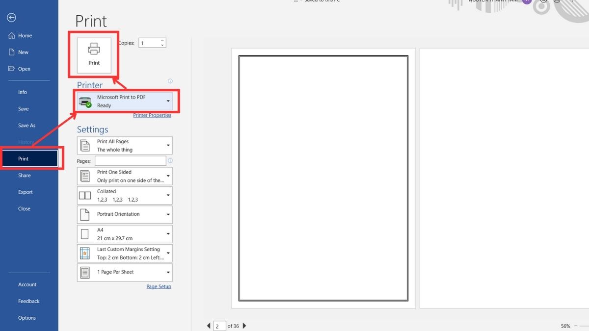 Cách chuyển file Word sang PDF bằng tính năng Print - bước 2