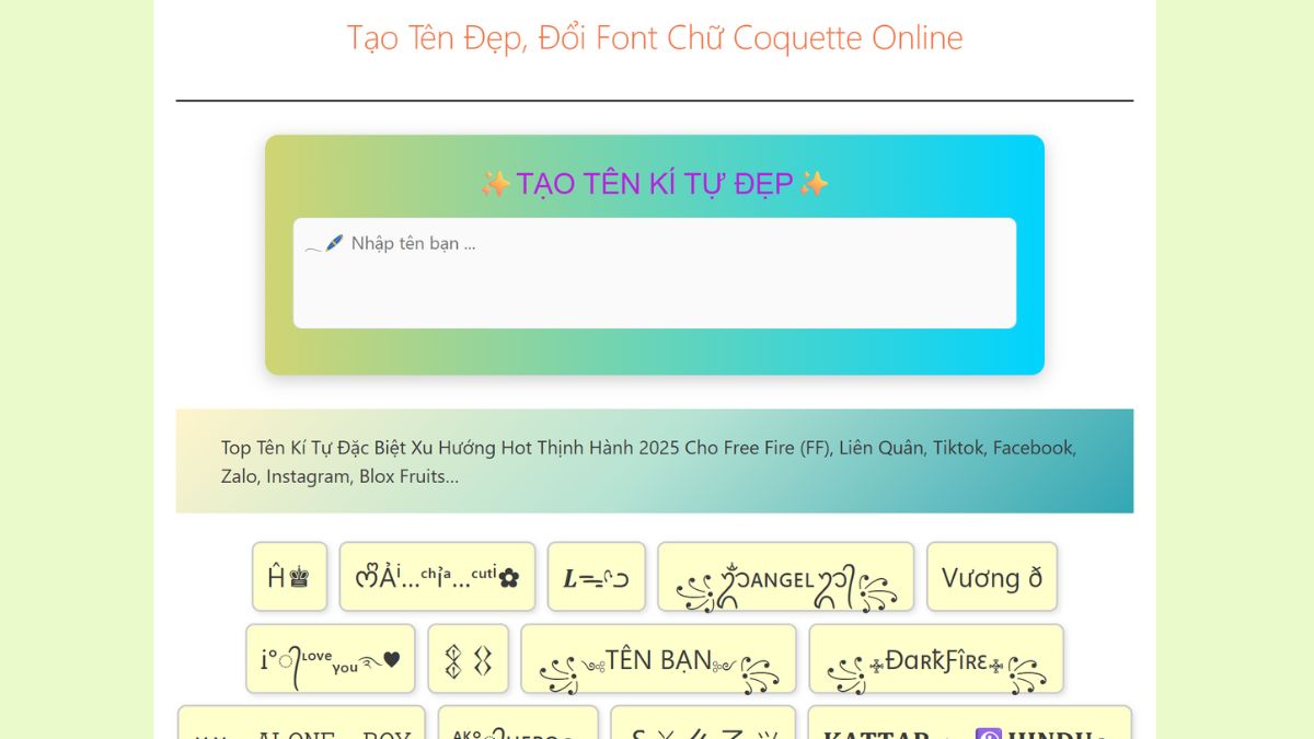 Website symbols.vn đổi kiểu chữ để đặt tên