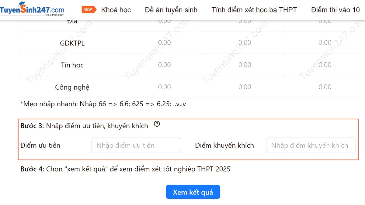 Tính điểm tốt nghiệp qua website Tuyển sinh 24/7 - bước 4