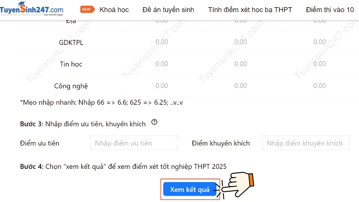 Tính điểm tốt nghiệp qua website Tuyển sinh 24/7 - bước 5