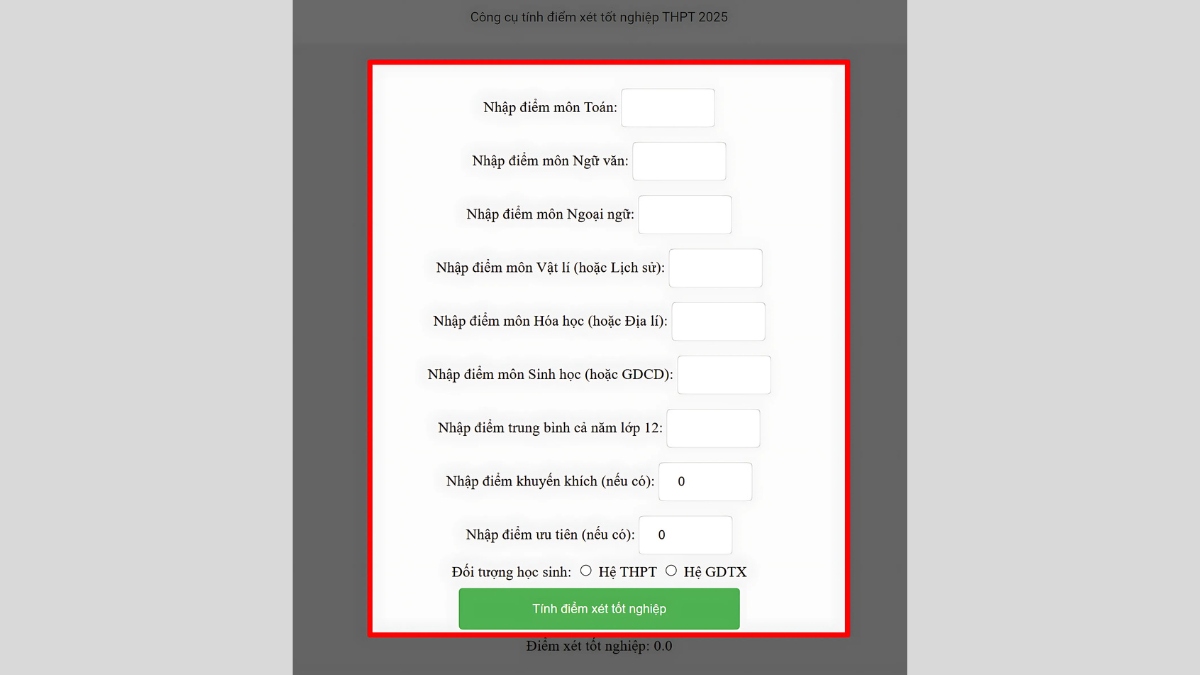 Cách tính điểm tốt nghiệp THPT bằng website Học Mãi - bước 2