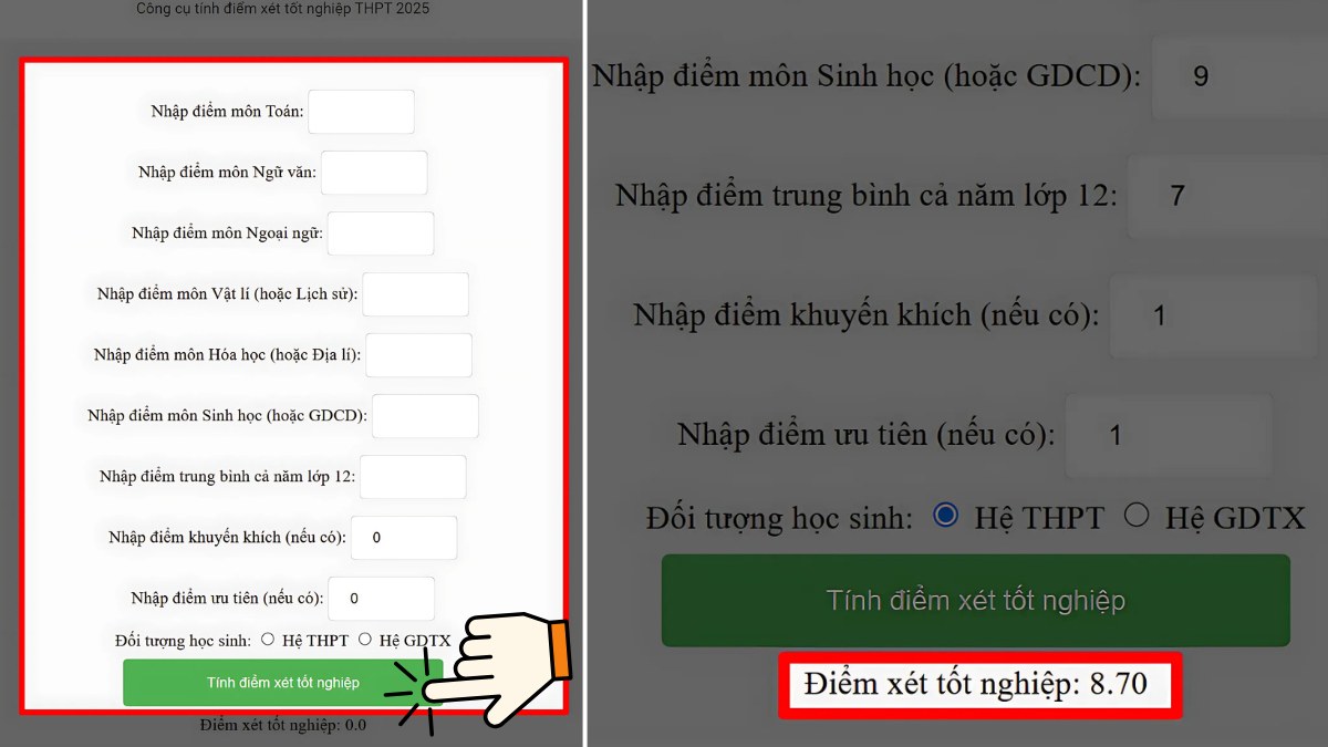 Cách tính điểm tốt nghiệp THPT bằng website Học Mãi - bước 3