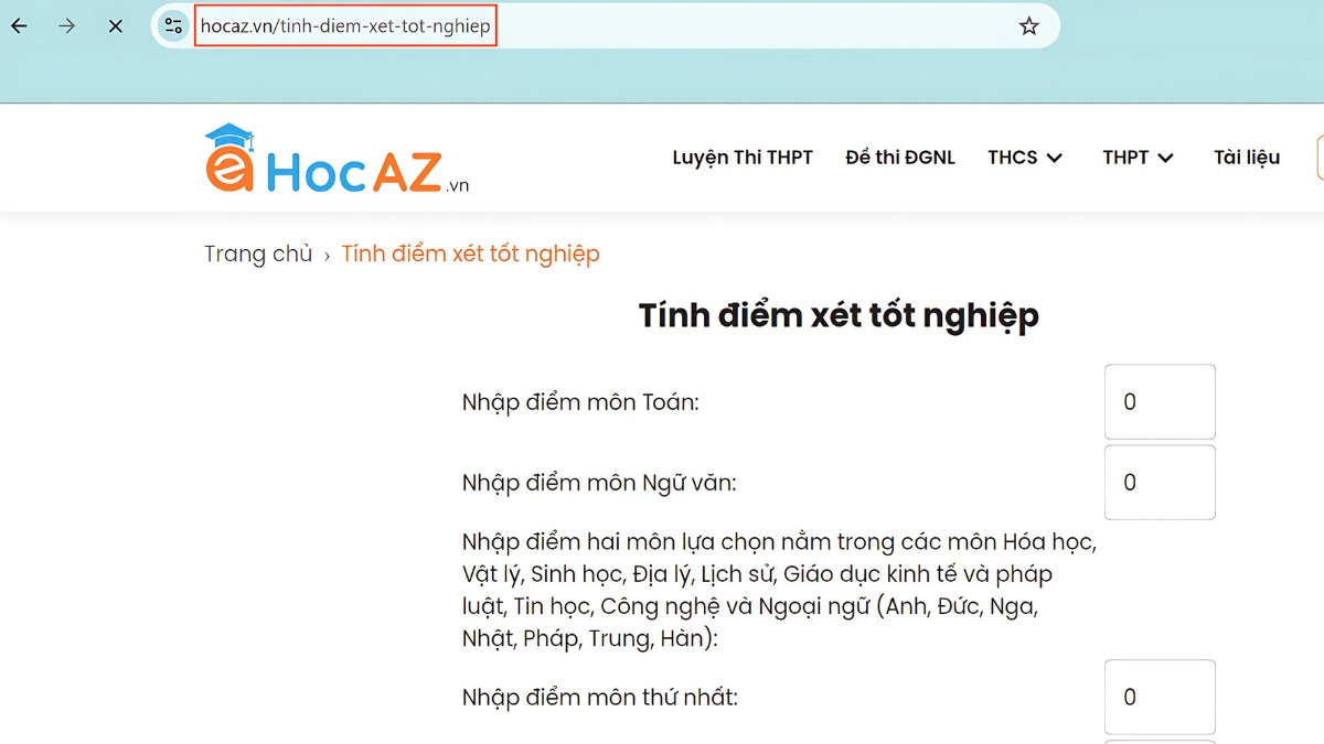 Tính điểm tốt nghiệp bằng website Hocaz.vn - bước 1