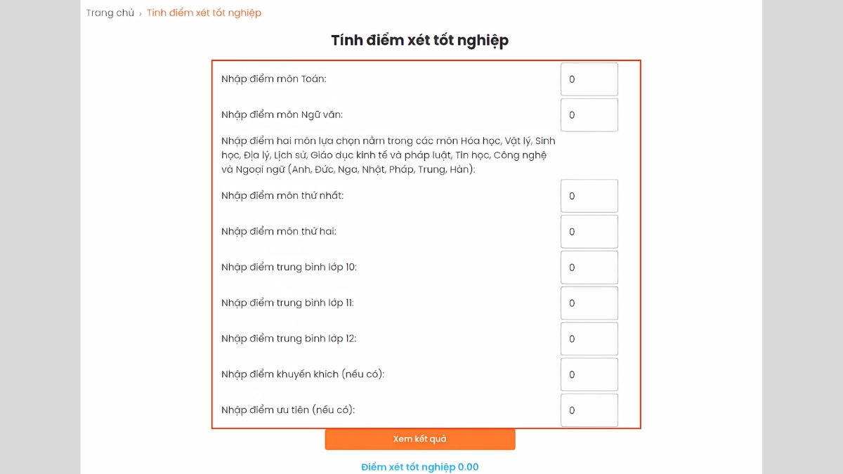 Tính điểm tốt nghiệp bằng website Hocaz.vn - bước 2