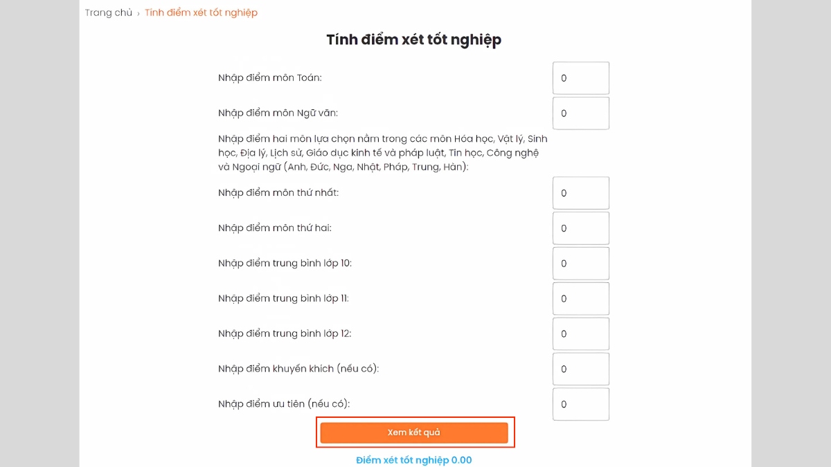 Tính điểm tốt nghiệp bằng website Hocaz.vn - bước 3