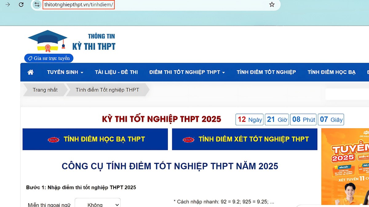 Cách tính điểm tốt nghiệp qua website thitotnghiepthpt - bước 1
