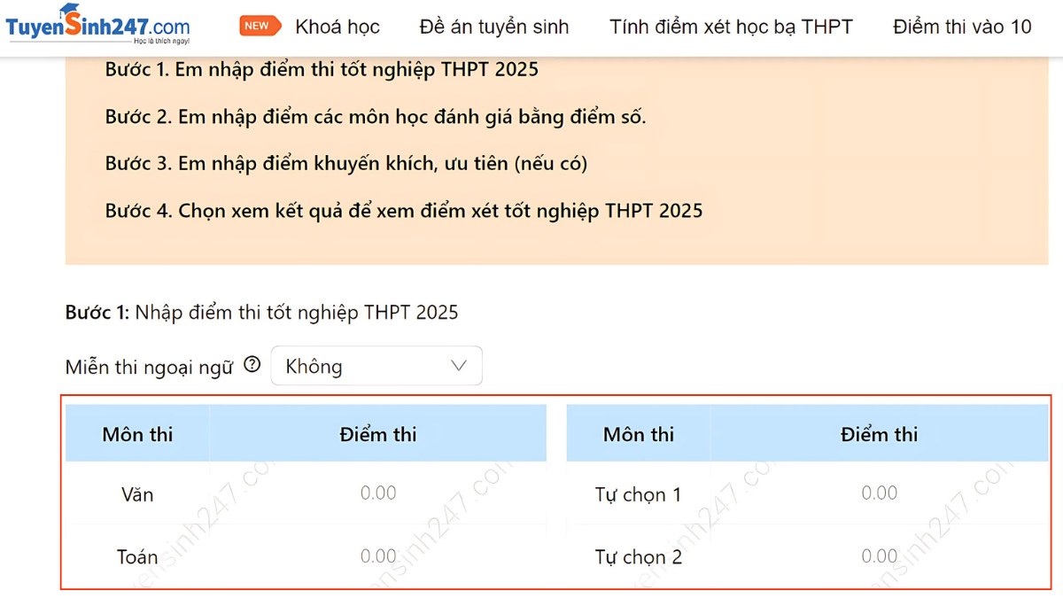 Tính điểm tốt nghiệp qua website Tuyển sinh 24/7 - bước 2