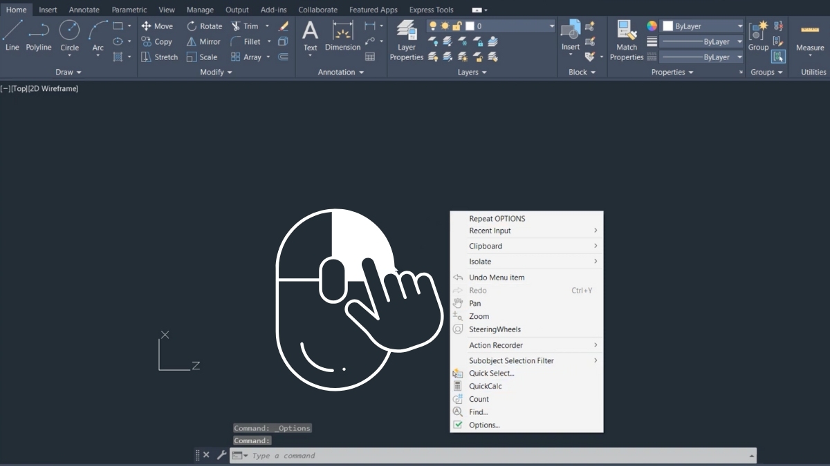 Thủ thuật AutoCAD: Truy cập nhanh menu bằng chuột phải