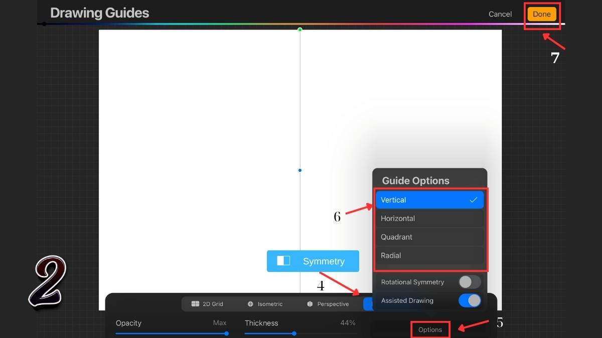 Cách để kích hoạt chế độ vẽ đối xứng  trong Procreate - bước 2