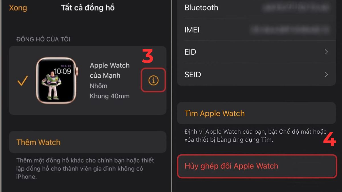 Khắc phục lỗi Apple Watch không gọi được bằng cách hủy ghép nối - bước 2,3
