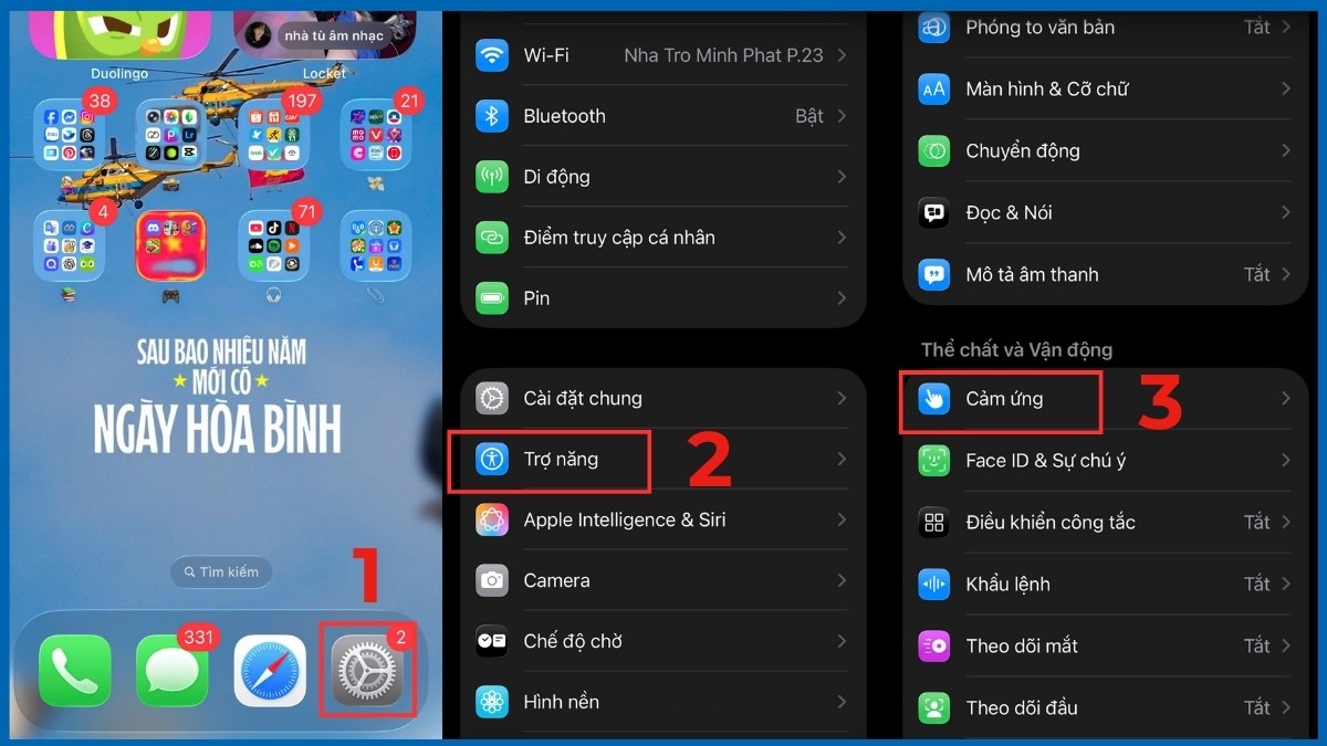 Bật/tắt Assistive Touch iPhone trong cài đặt - bước 1,2,3