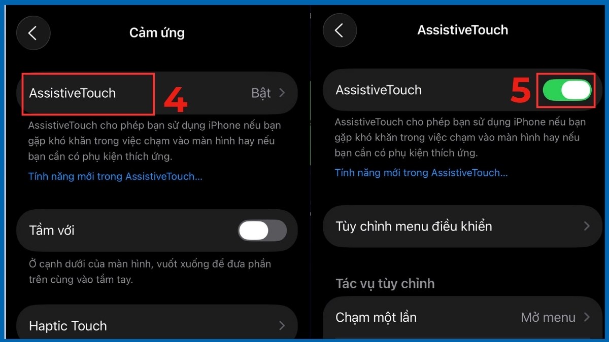 Bật/tắt Assistive Touch iPhone trong cài đặt - bước 4,5