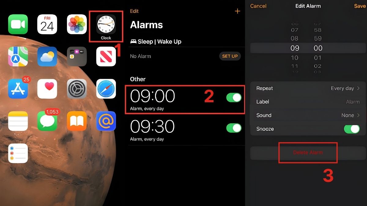 Xóa và cài lại báo thức mới khi báo thức iPhone không kêu - bước 1