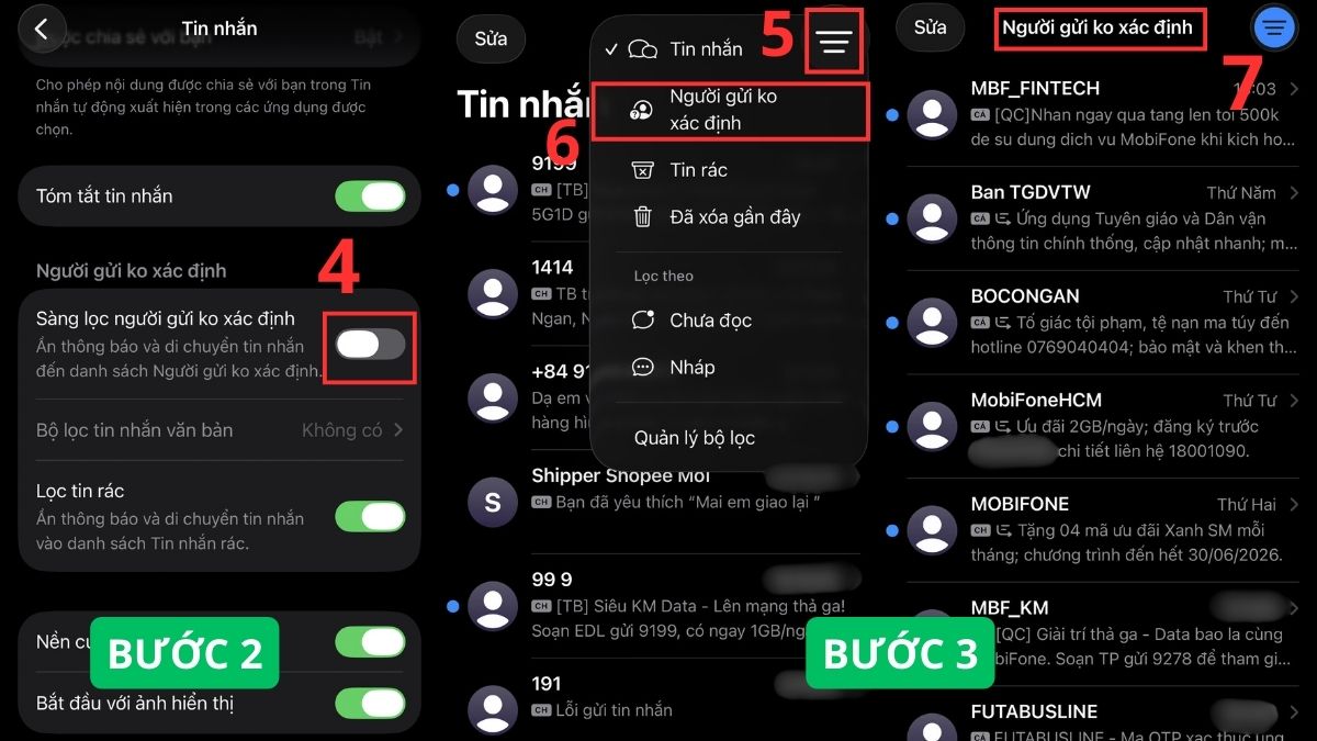 Cách lọc tin nhắn từ người lạ không xác định - bước 2,3