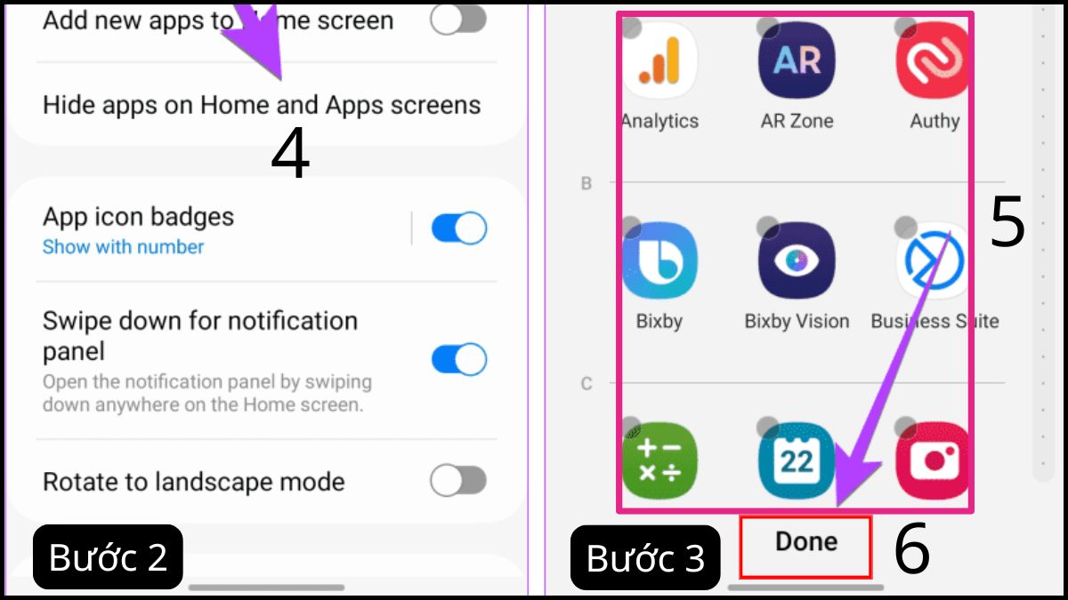 Cách ẩn tất cả ứng dụng trên màn hình Samsung home - bước 2,3
