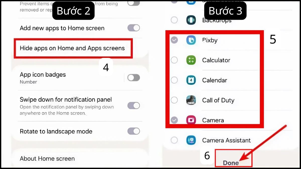 Cách ẩn ứng dụng trên Samsung bằng tính năng có sẵn - bước 2,3