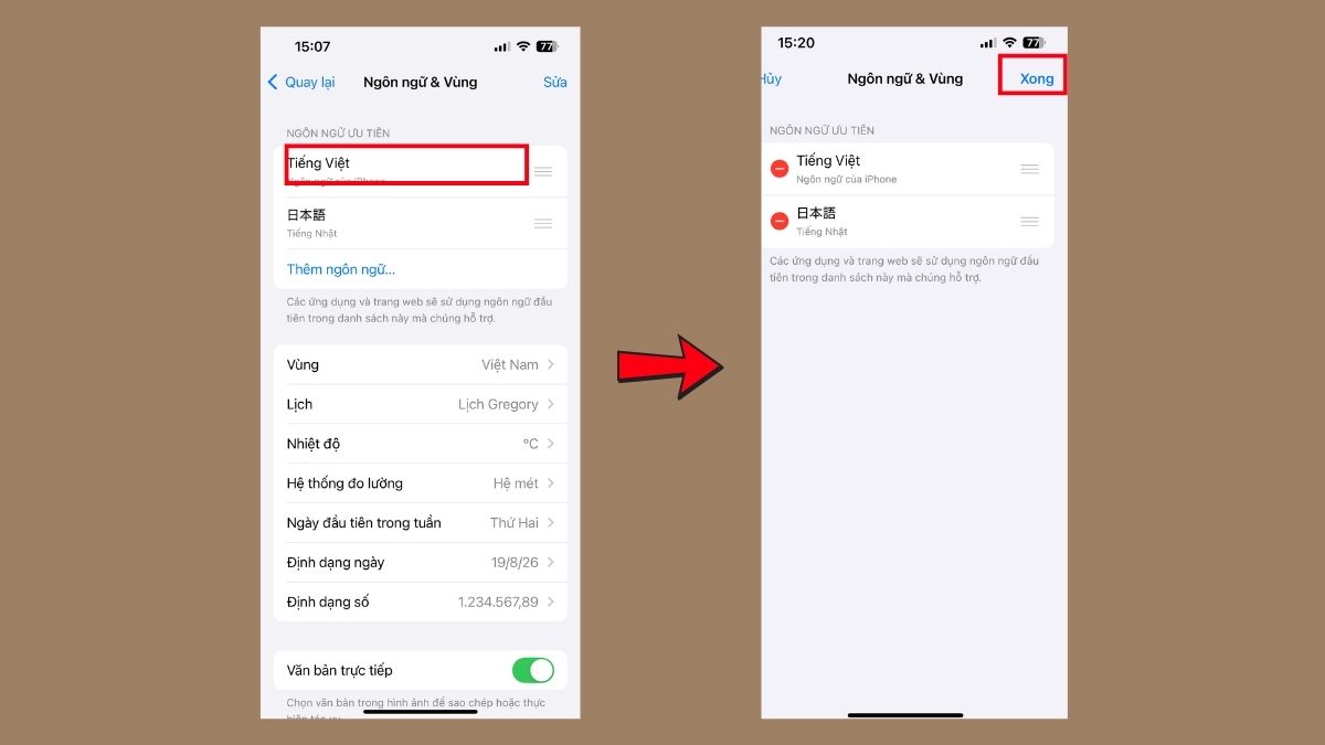 Cách bật Apple Intelligence tiếng Việt trên iPhone - bước 2 chuyển ngôn ngữ nhấn xong