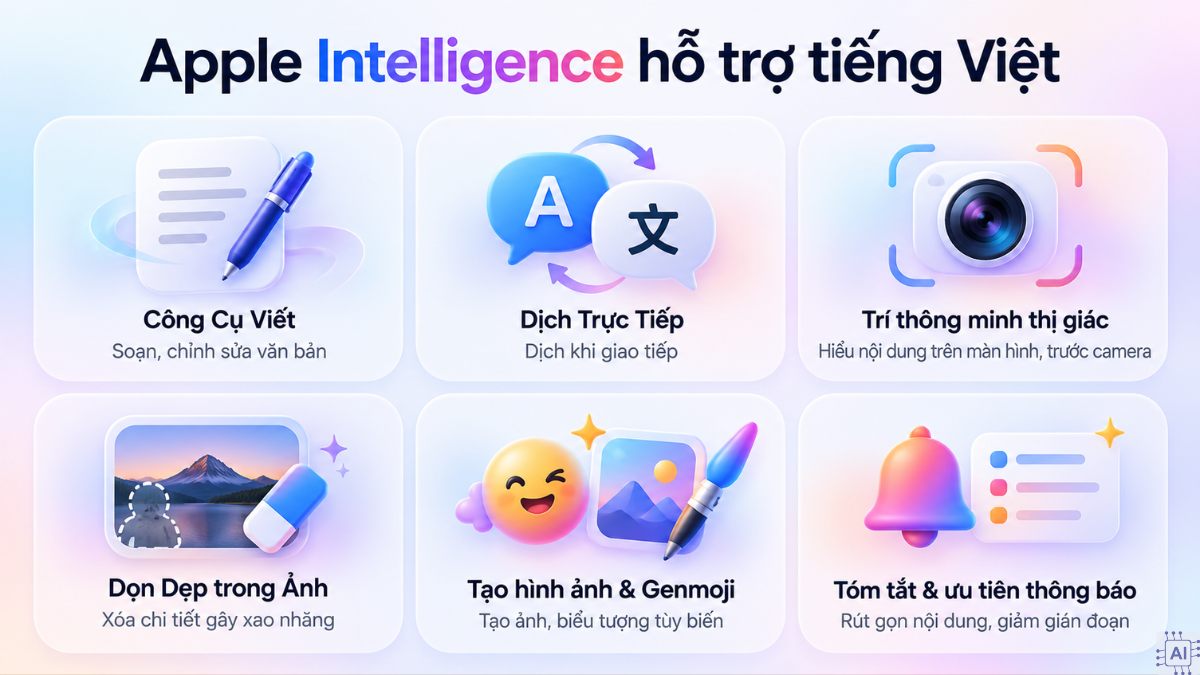 Các tính năng Apple Intelligence dùng được bằng tiếng Việt