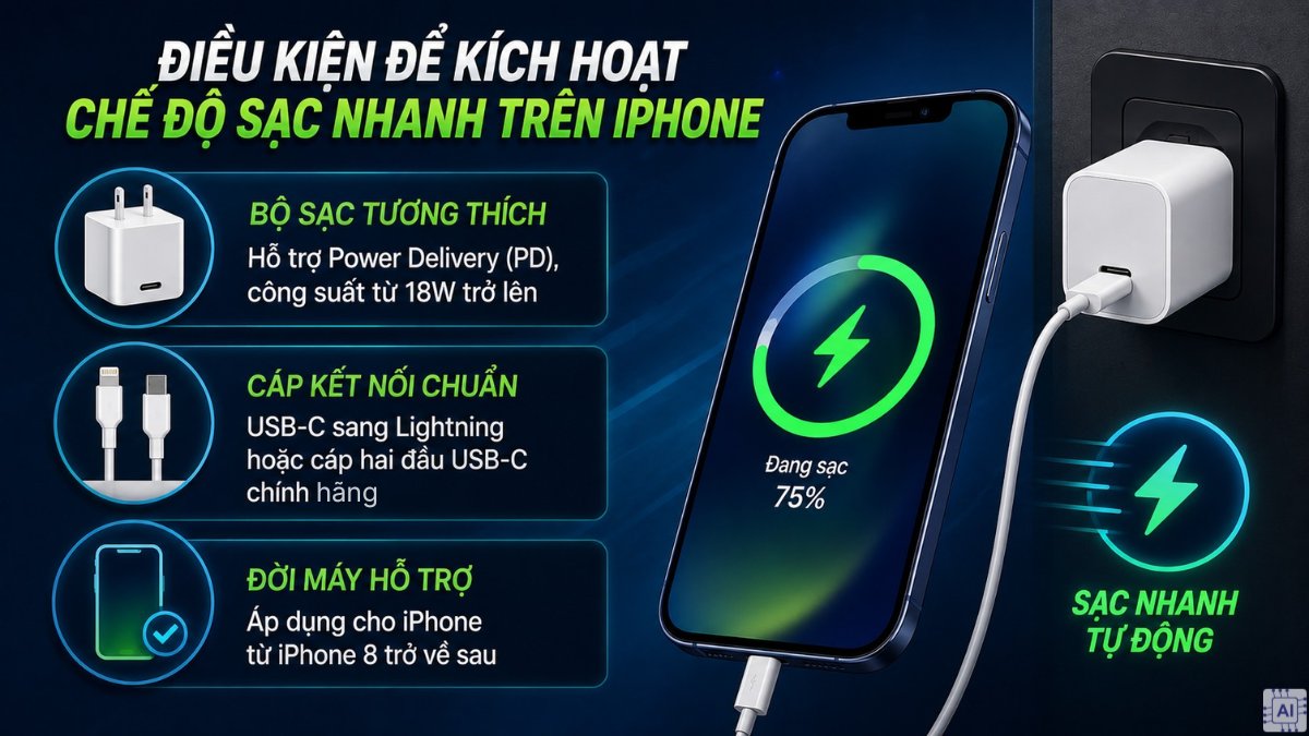 Điều kiện để kích hoạt chế độ sạc nhanh trên iPhone