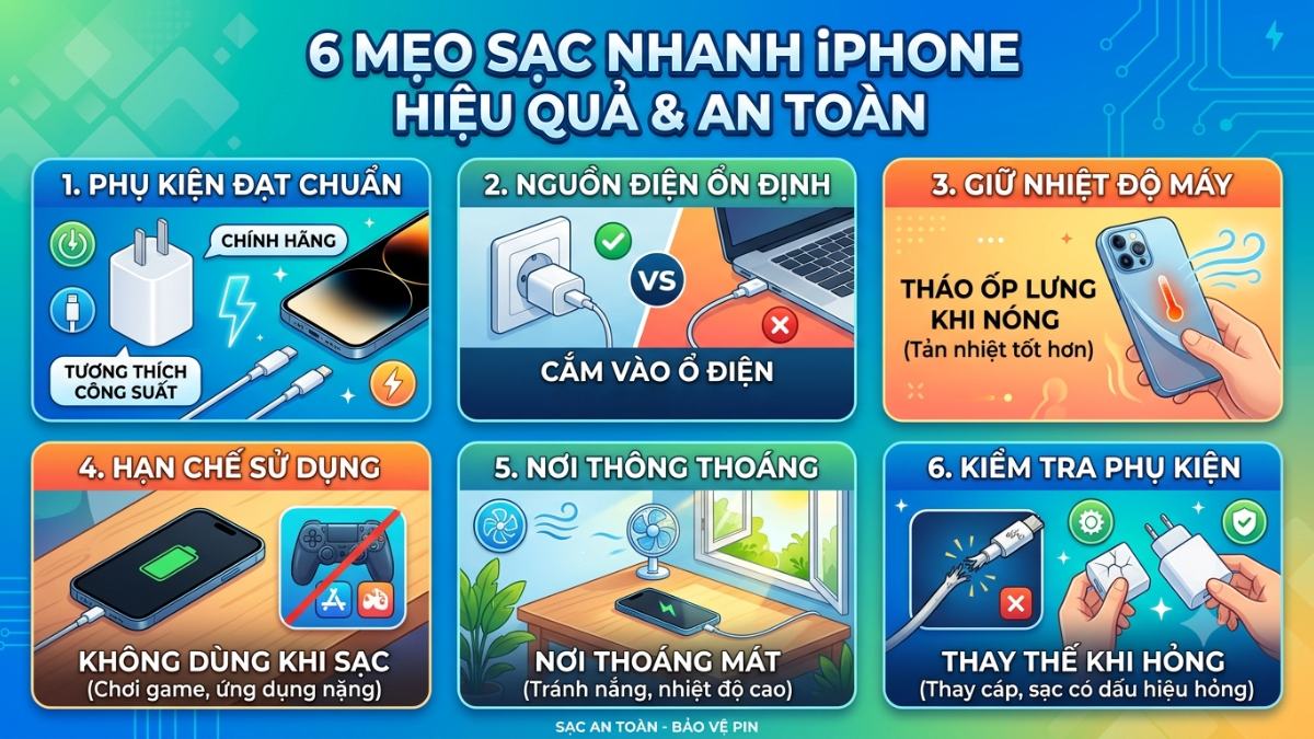 Các mẹo để sạc nhanh iPhone hiệu quả, an toàn
