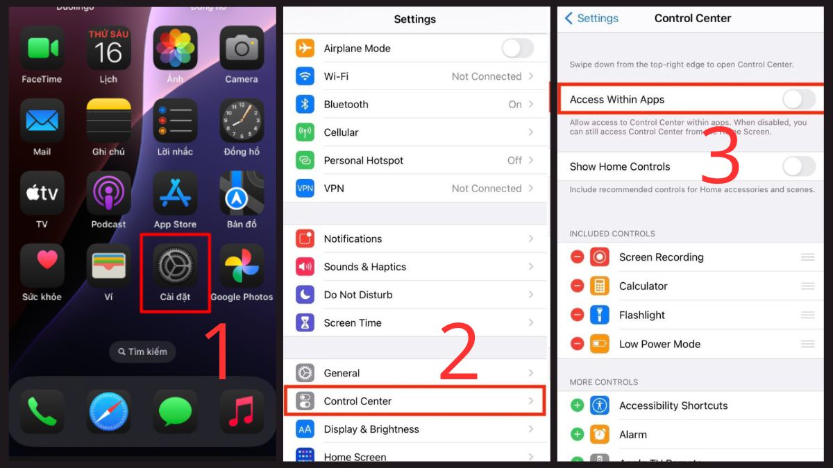 Cách tắt trung tâm điều khiển iPhone trên các ứng dụng khác