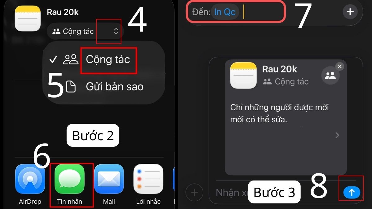 Cách gửi cộng tác trên Ghi chú - bước 2,3