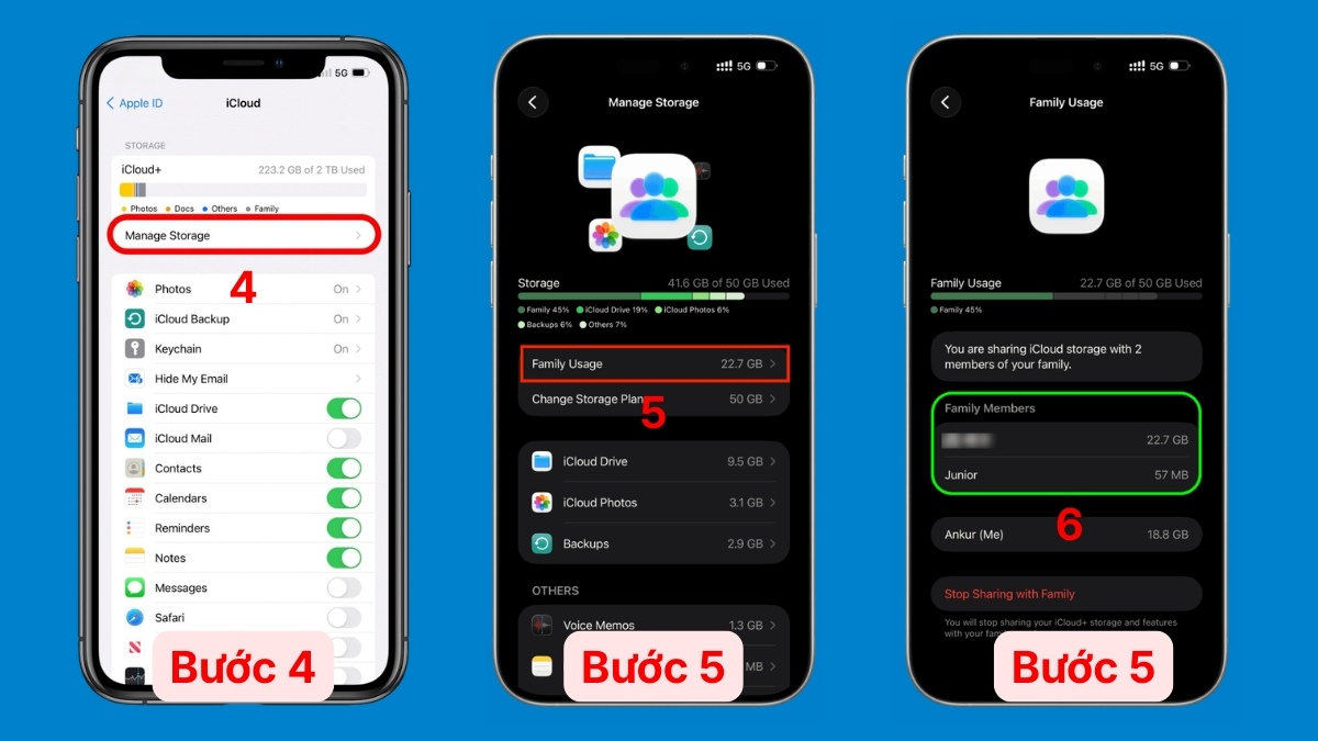 Cách kiểm tra dung lượng iCloud gia đình đang dùng trên iPhone - bước 2,3,4