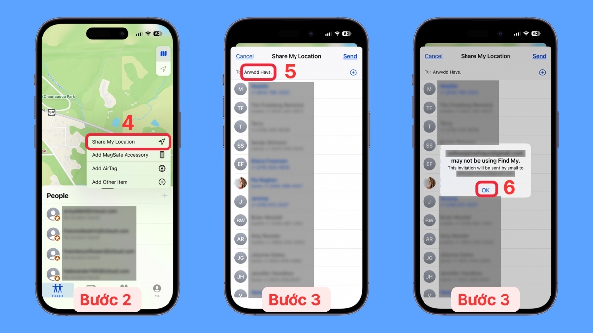 Chia sẻ vị trí với các thuê bao trong Danh bạ - bước 2,3
