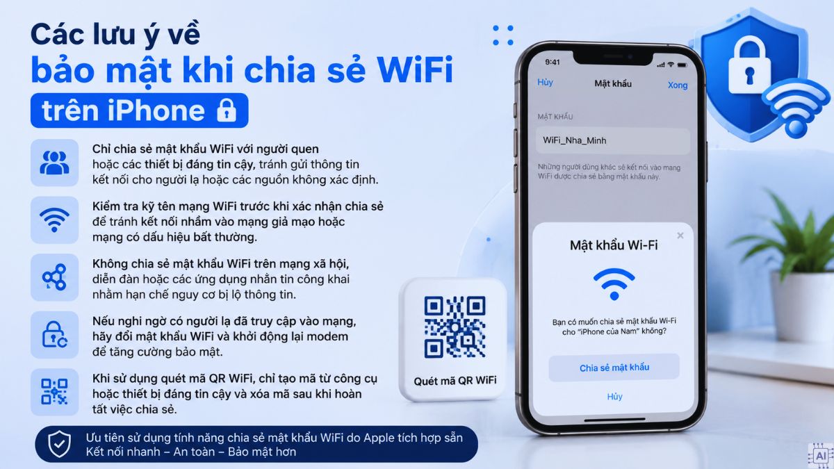 Các lưu ý về bảo mật khi chia sẻ WiFi trên iPhone