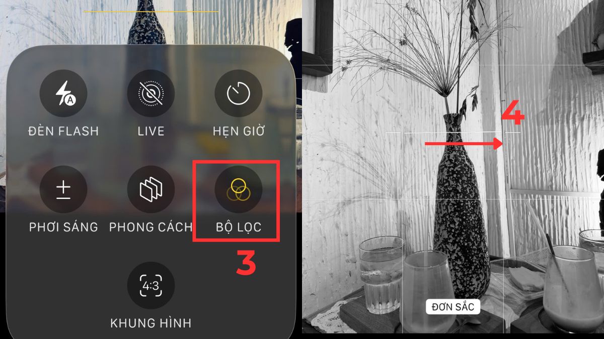 Cách chỉnh camera iPhone 13 Pro Max đẹp bằng chế độ chụp đen trắng - bước 2,3