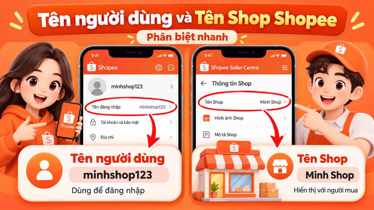 Phân biệt tên người dùng và tên shop Shopee