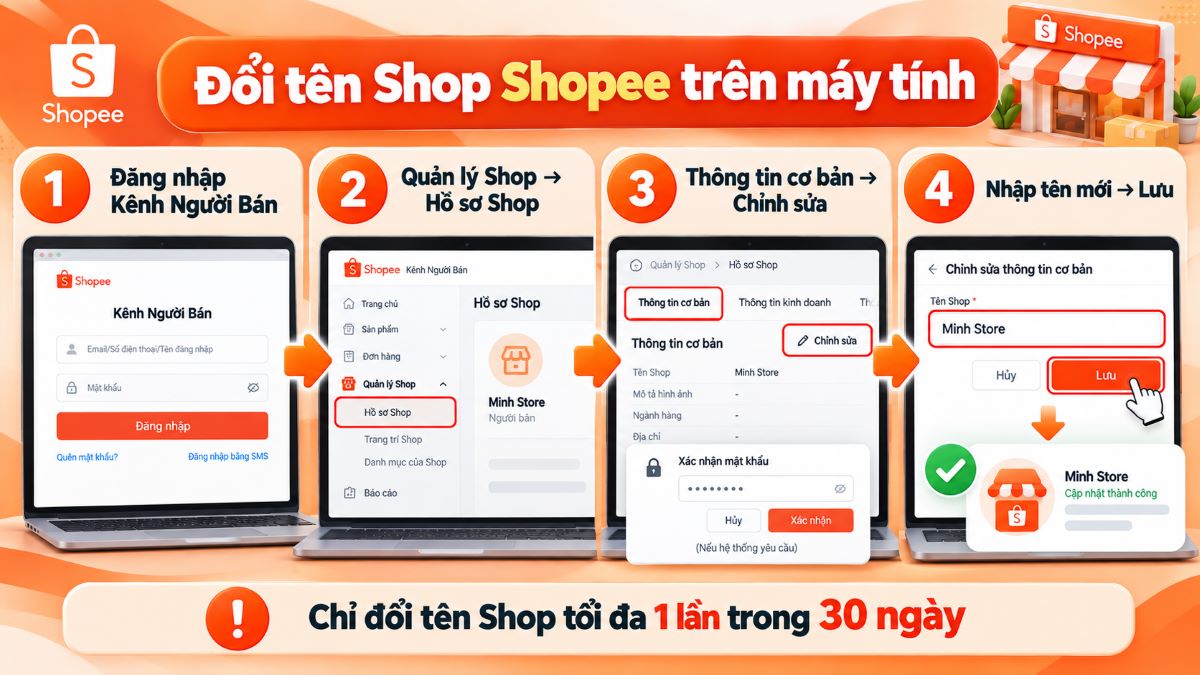Cách đổi tên shop Shopee cho người bán trên máy tính