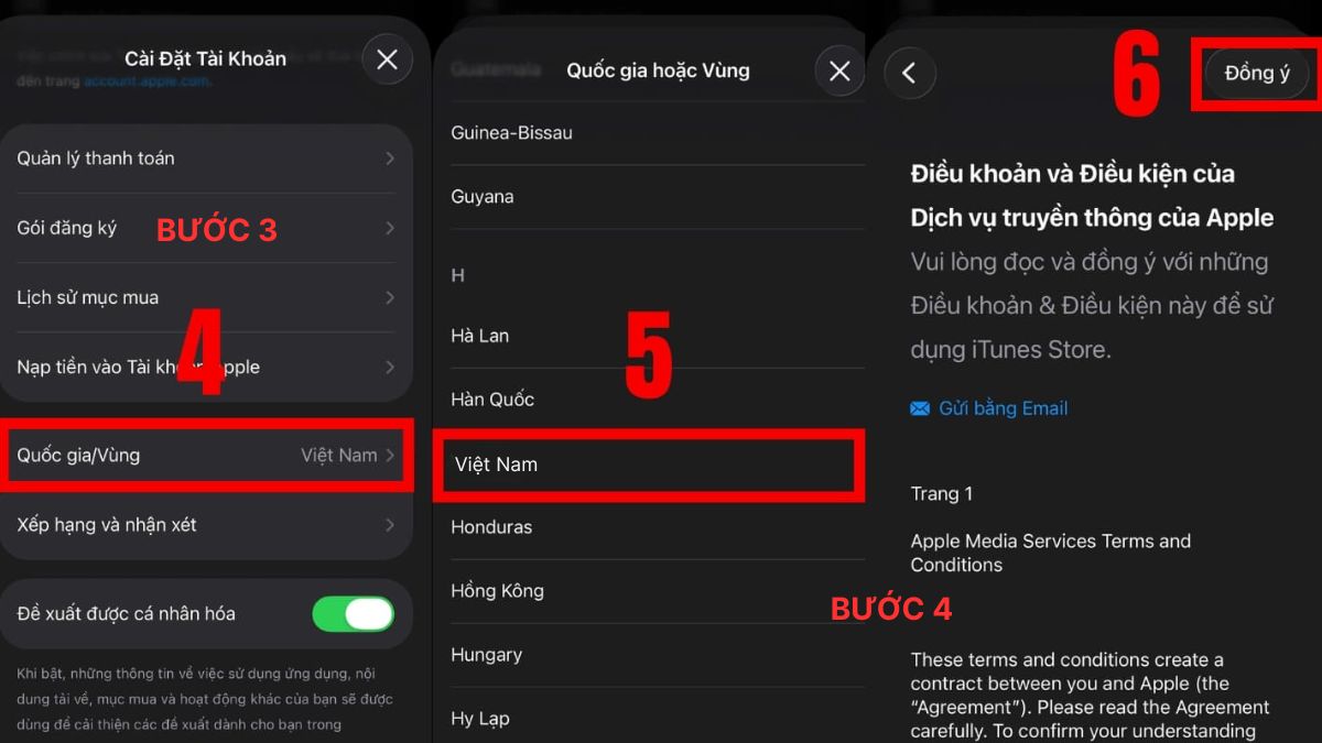Cách đổi vùng App Store về Việt Nam bằng cài đặt - bước 2,3