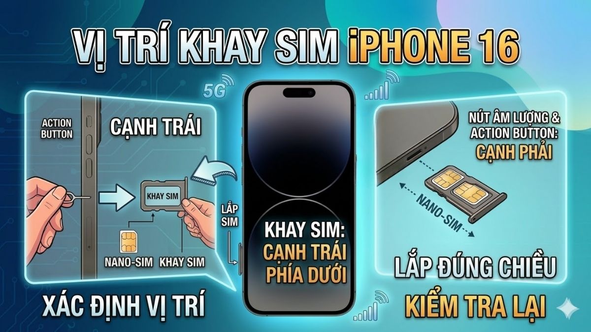 Khay SIM iPhone 16 ở bên cạnh máy
