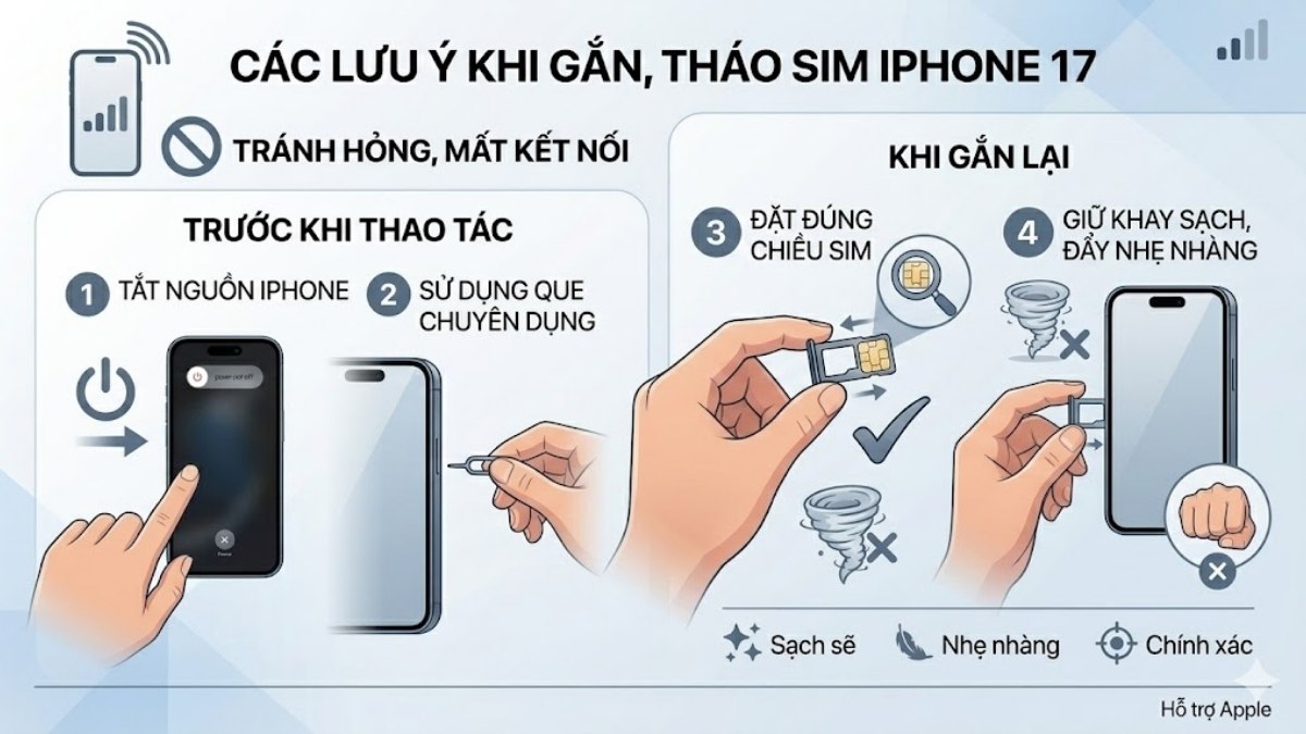Các lưu ý khi gắn, tháo SIM iPhone 17