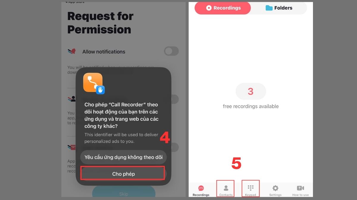 Cách ghi âm cuộc gọi trên iPhone 11 bằng ứng dụng Call Recorder - bước 2,3,4
