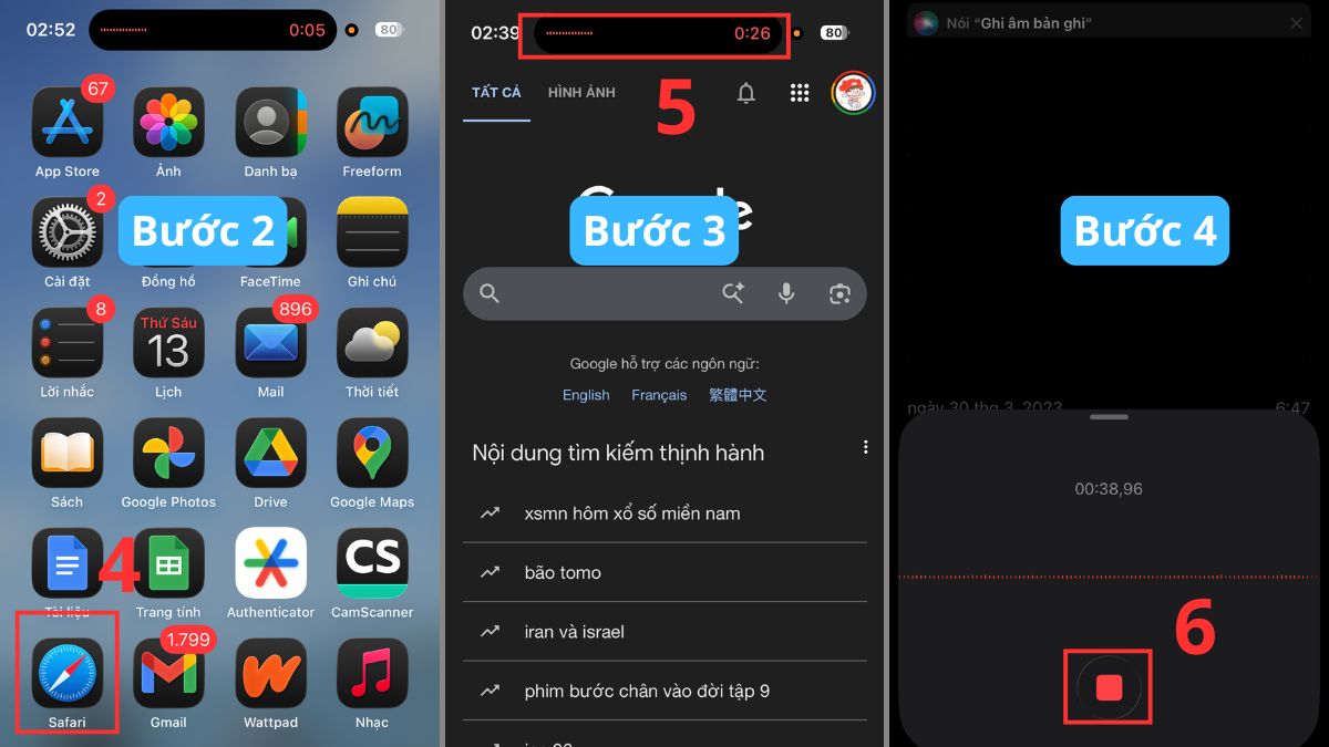 Cách ghi âm trên iPhone khi đang dùng ứng dụng khác - bước 2,3,4