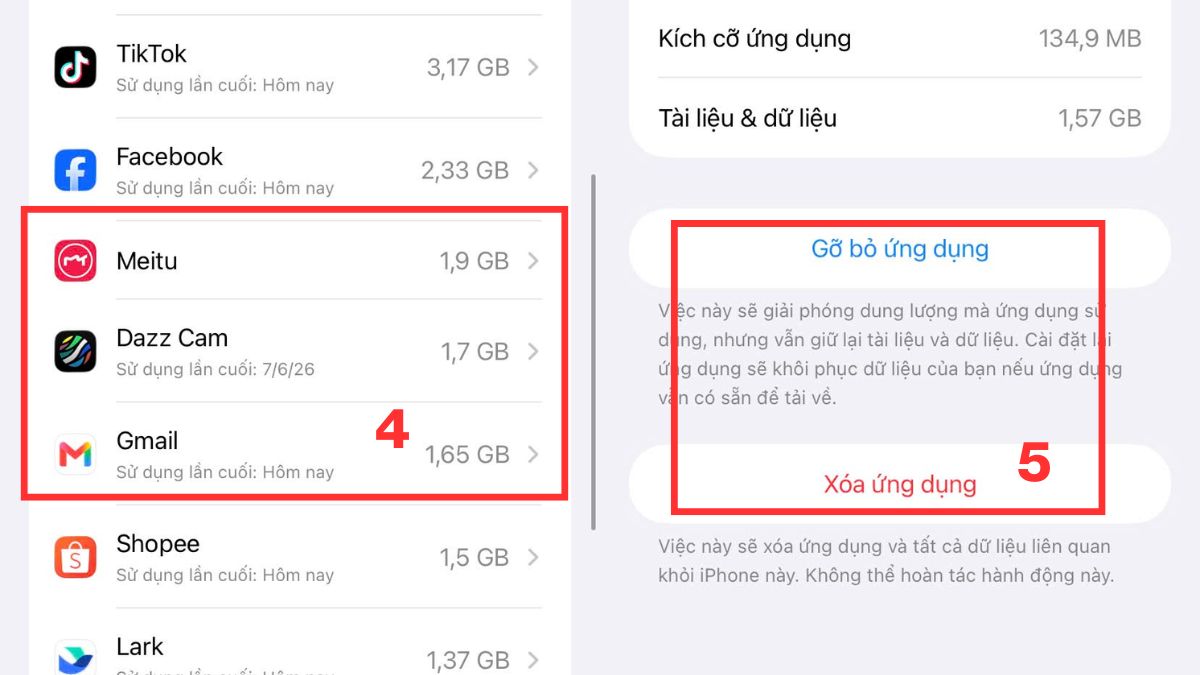 Khắc phục điện thoại hết dung lượng bằng cách xóa ứng dụng ít dùng - bước 2,3,4