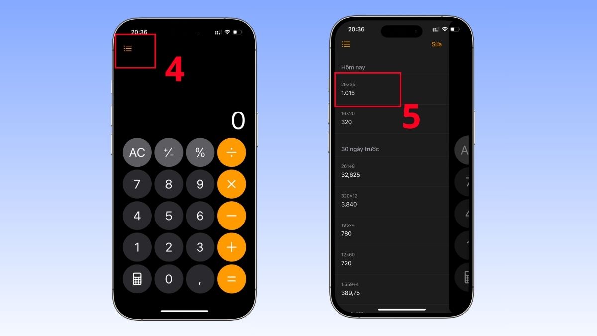 Cách hiển thị phép tính trên iPhone chạy iOS 18 bằng tính năng lịch sử - bước 2,3,4