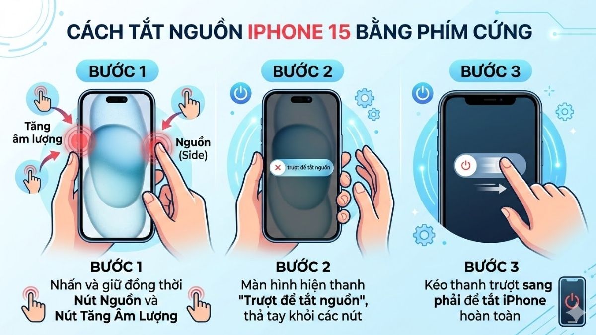Cách tắt nguồn iPhone 15 bằng phím cứng