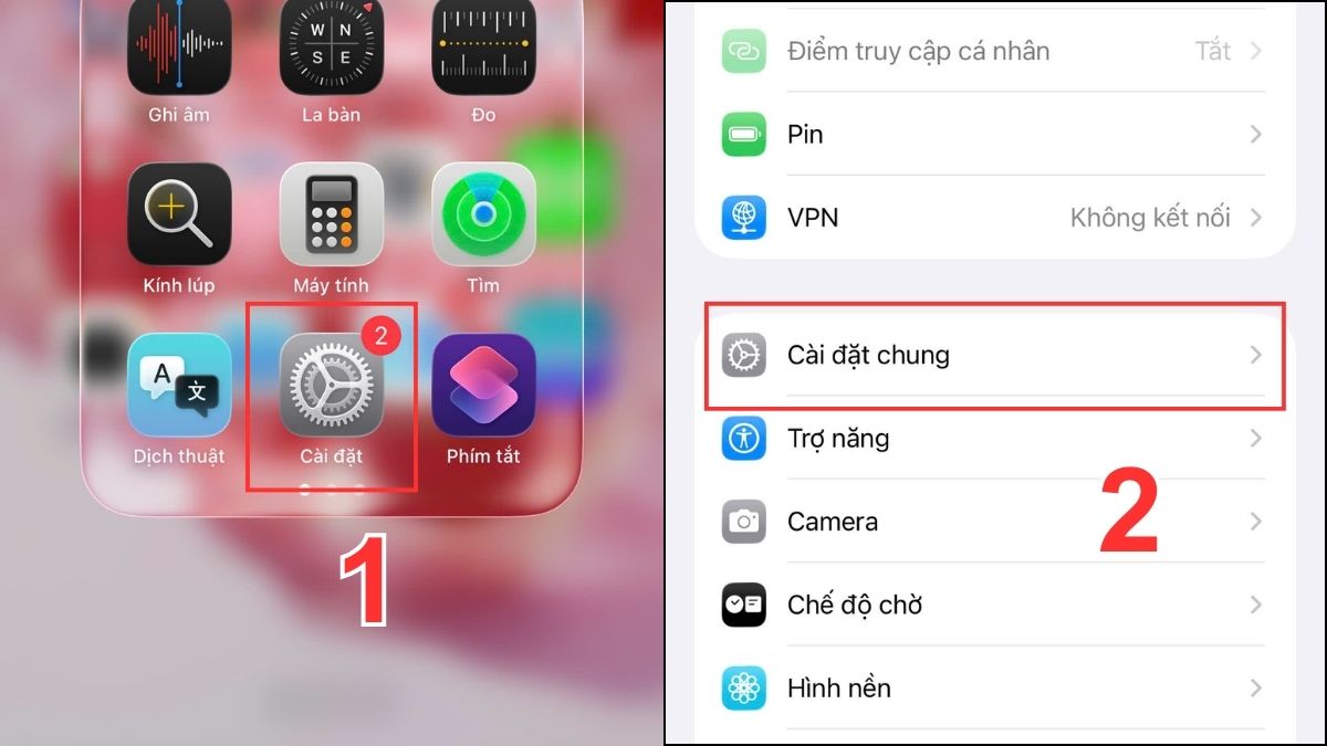Cách tắt nguồn iPhone 15 bằng Cài đặt - bước 1,2