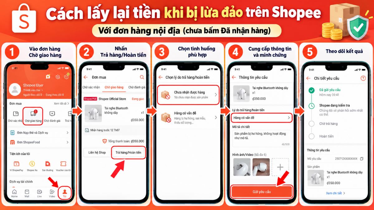 Cách lấy lại tiền khi bị lừa đảo trên Shopee với trường hợp chưa bấm nút nhận hàng